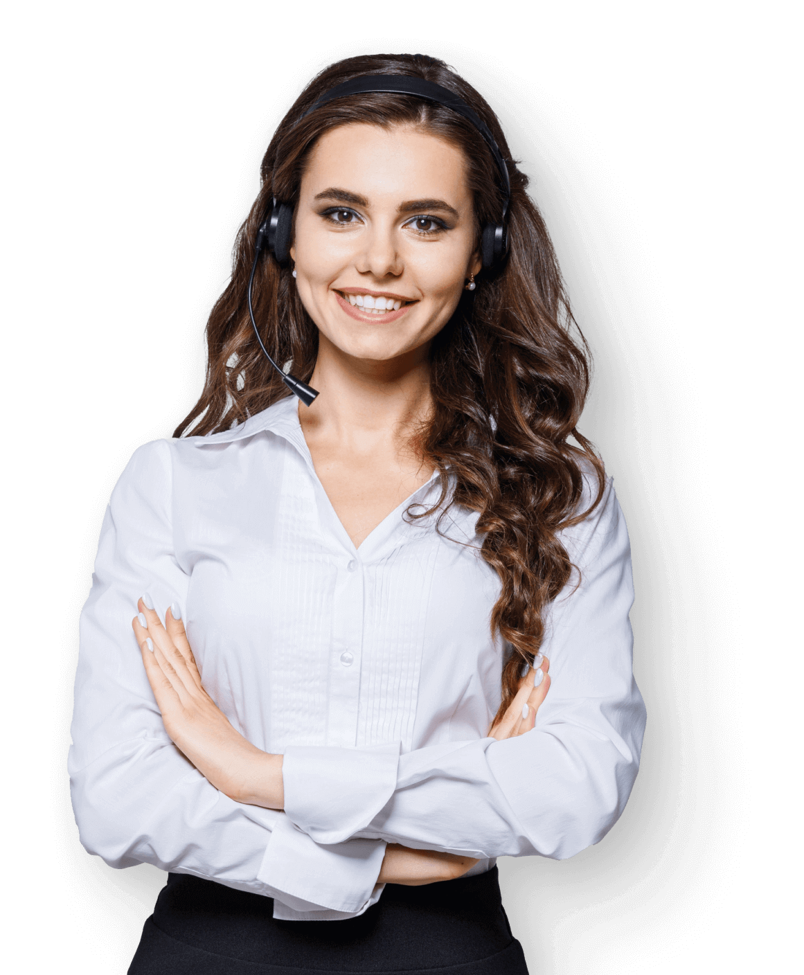 A woman wearing a wireless headset is smiling at the camera, showing that UsenetServer offers 24/7 customer support.