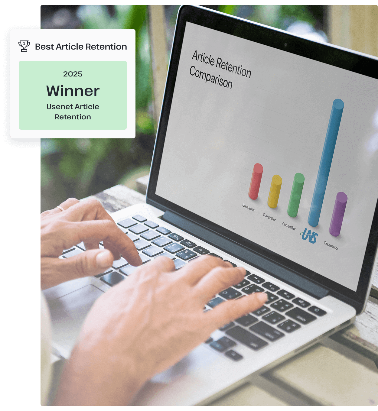 Someone types on an open laptop that shows a graph that indicates UsenetServer offering the highest level of article retention of any Usenet provider.