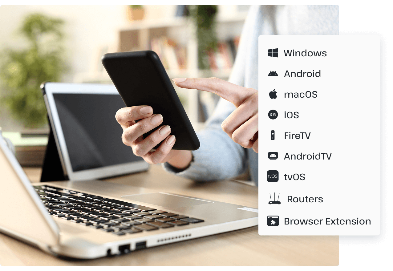 A person types on their smartphone next to a tablet and a laptop, alongside a list of icons showing the different devices where users can access UsenetServer’s ad blocker tool.