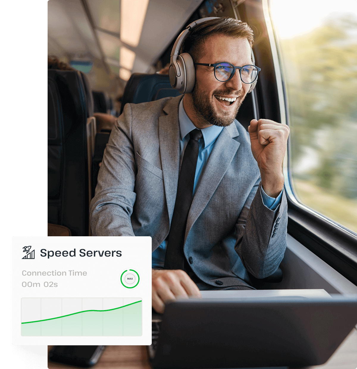 A man wearing headphones and glasses on a train smiles excitedly, representing the fastest Usenet connection speeds that users receive through UsenetServer.
