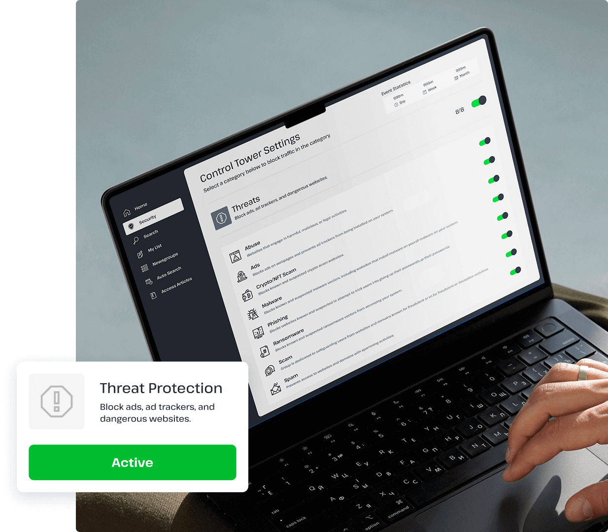 A laptop is open to show UsenetServer’s VPN’s control panel, which helps users stop possible threats and invasive pop-ups on their device.
