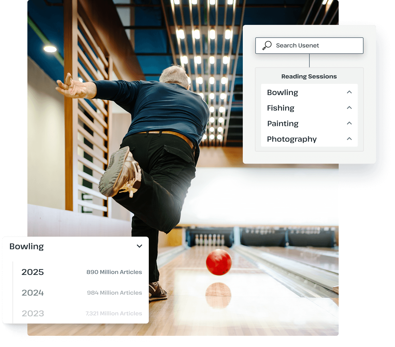 Person using a Usenet newsreader app to browse newsgroups about bowling.