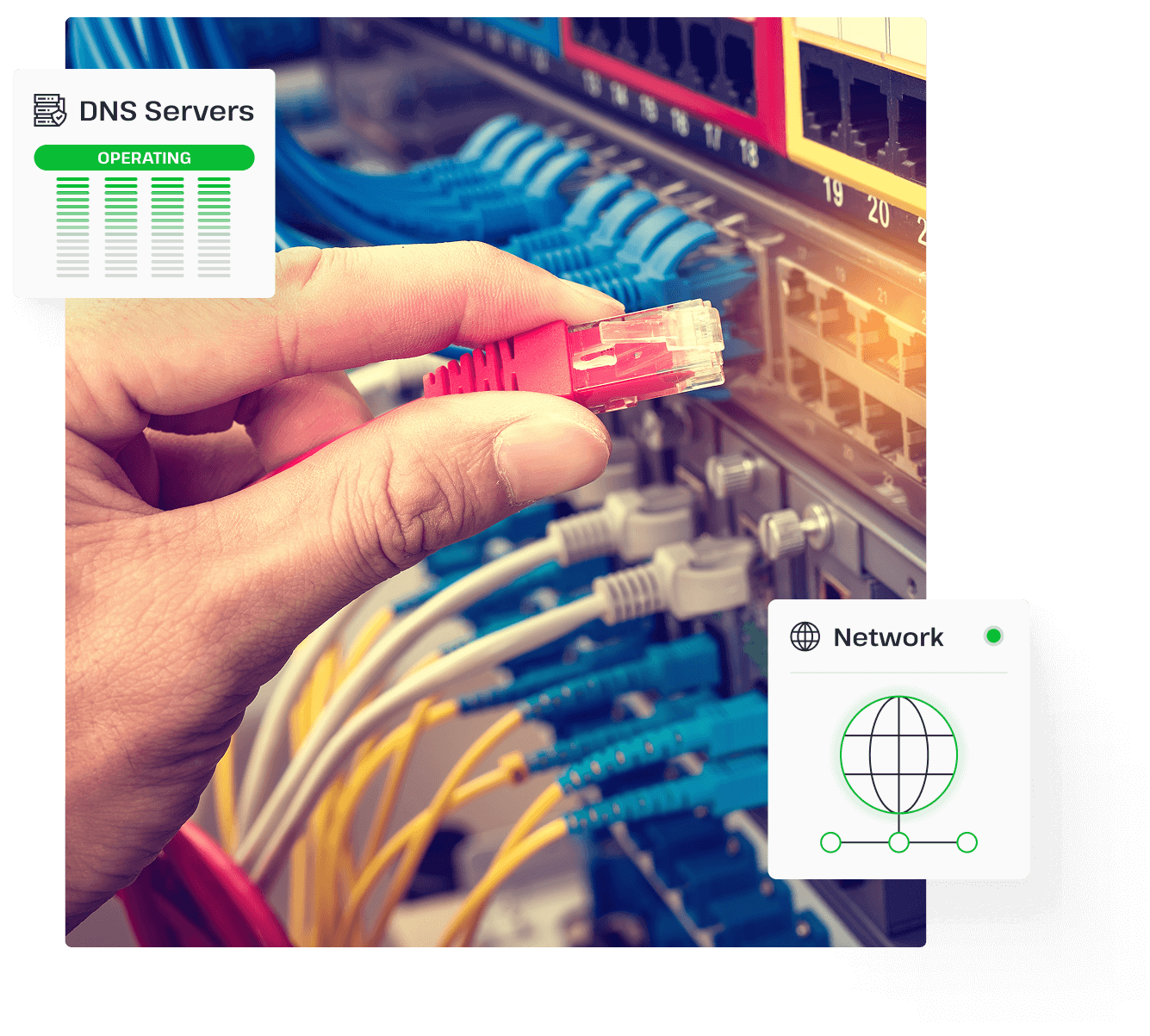 A person is connecting ethernet cables into different ports, symbolizing the resolution of DNS issues.
