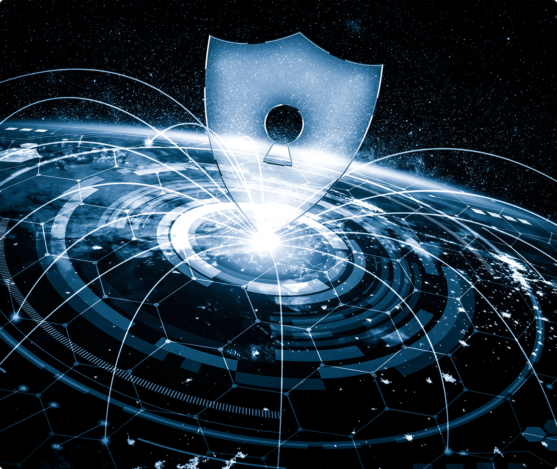 A shield sending electronic lines across the globe, symbolizing unlimited security for UsenetServer users around the world.