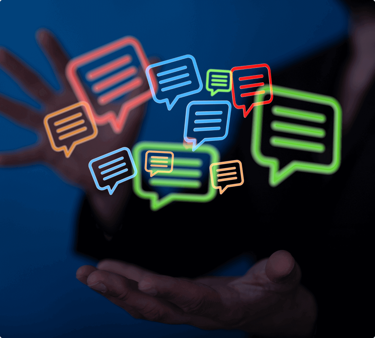 A pair of hands is open and floating around a cluster of chat bubbles in different colors to show the different discussions that take place on Usenet and other social media apps.