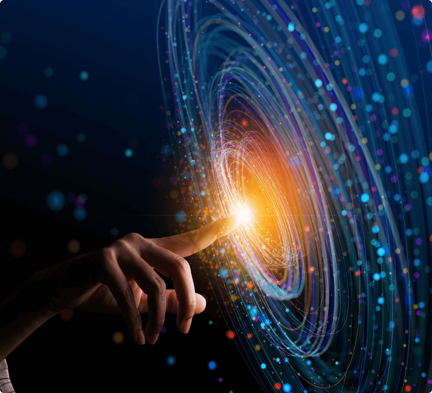 A hand reaching out to touch a galaxy, representing the ‘sci’ Usenet newsgroup.