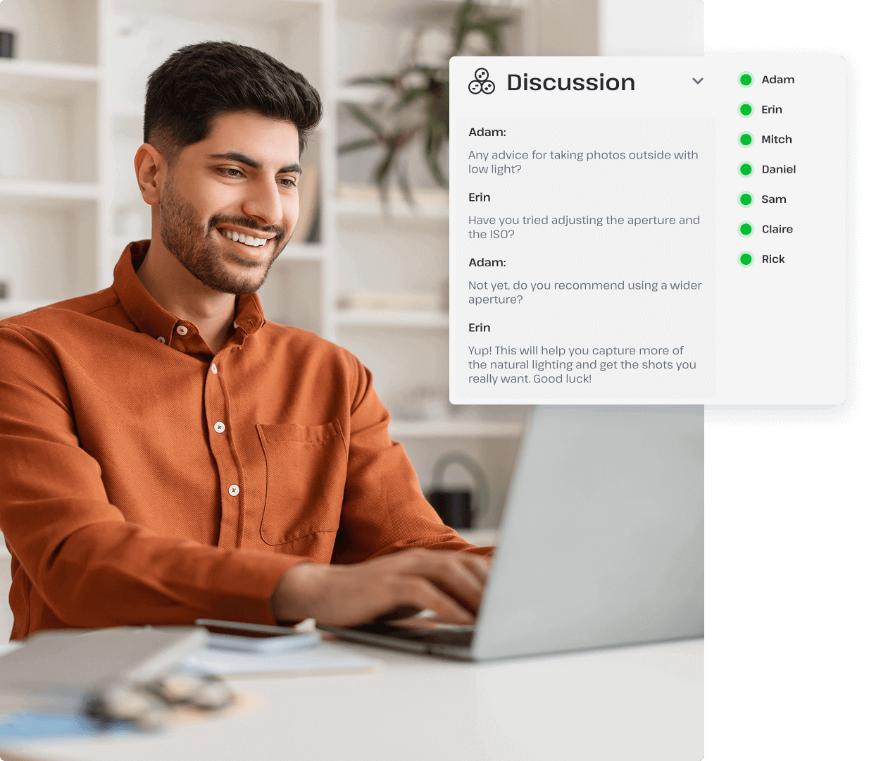 Man exploring Usenet newsgroups with UsenetServer dashboard interface.