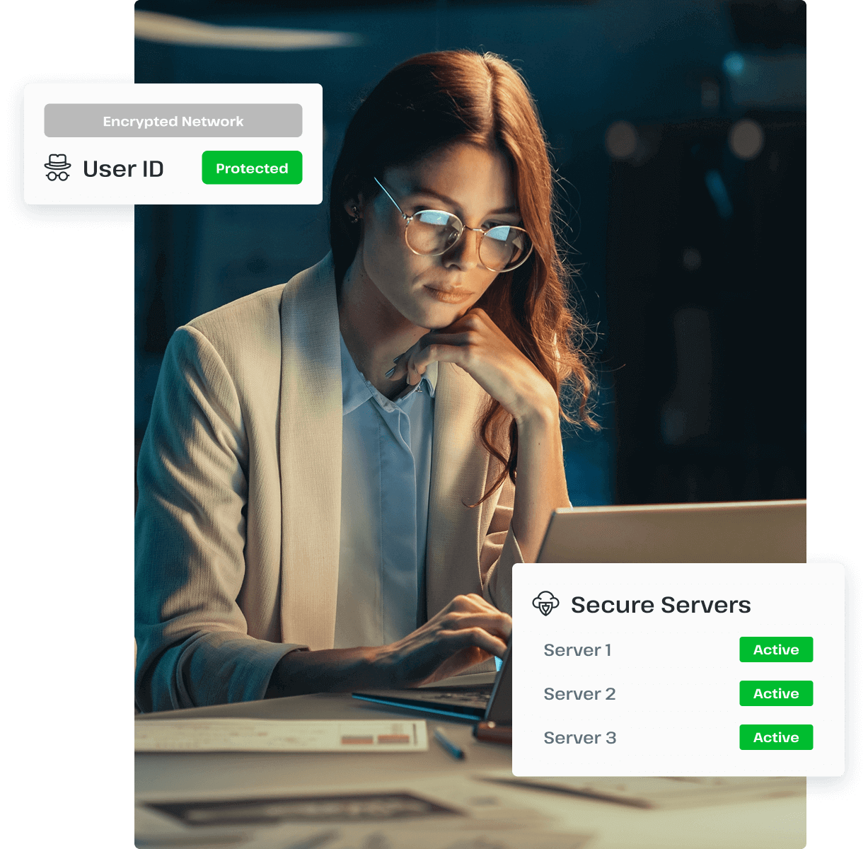 A woman wearing glasses sits in front of a computer and checks different servers that she can connect to, showing the difference between Usenet and the Web.
