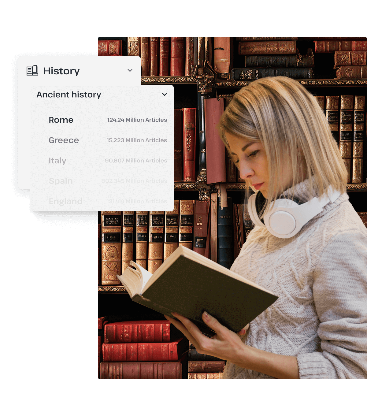 Woman reading about Usenet newsgroups in a library environment alongside pop-ups that represent Usenet newsgroups.