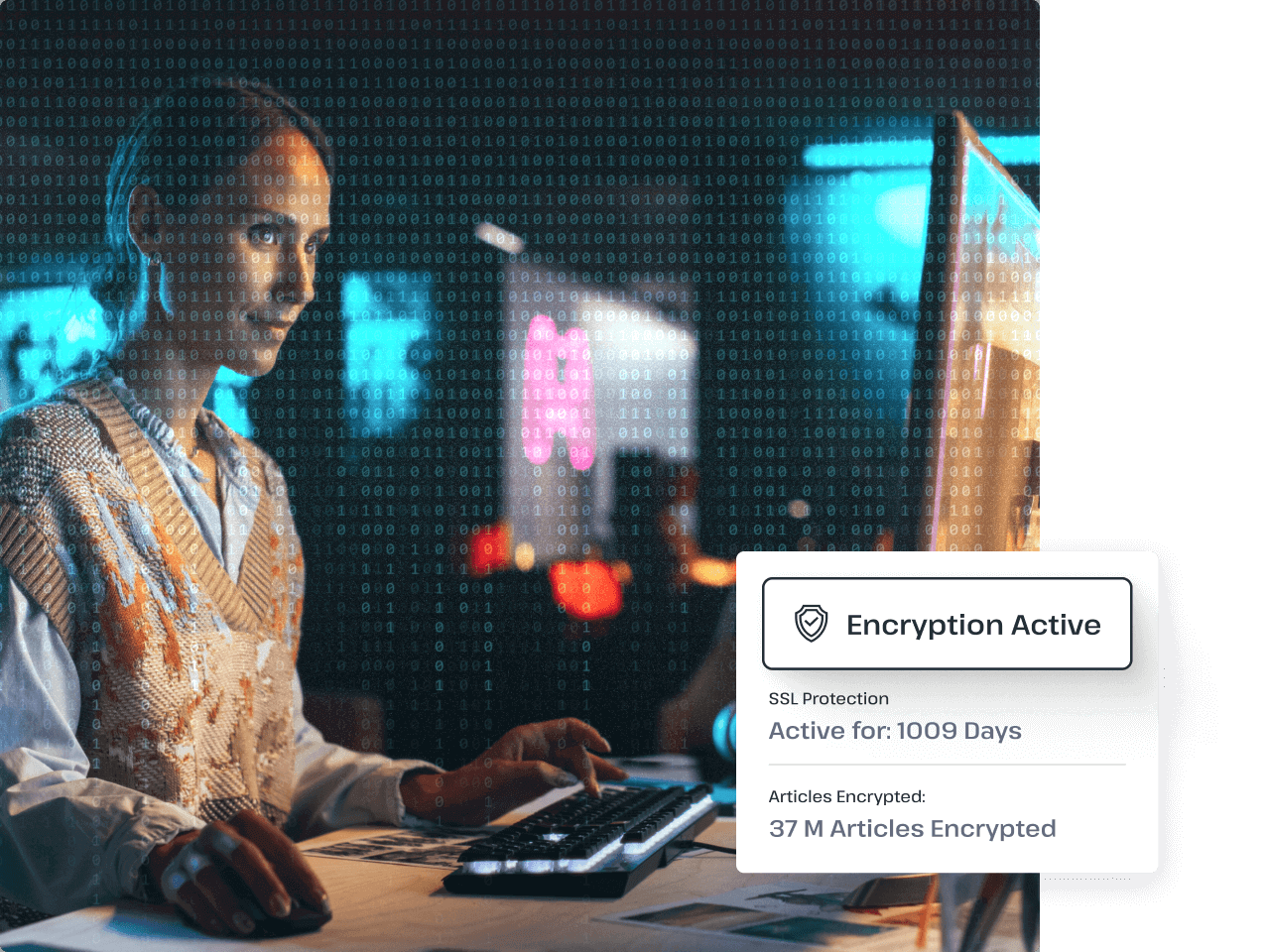 A woman sits at a desk and uses a mouse and keyboard to navigate Usenet on her computer while an array of binary numbers is superimposed over her to show that her connection is securely encrypted.