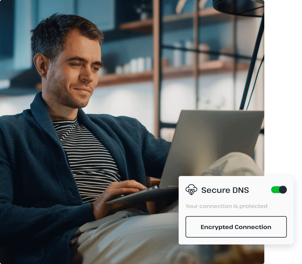 A man typing on a laptop is ensuring his connection is encrypted and secure with the help of UsenetServer’s secure DNS capabilities.