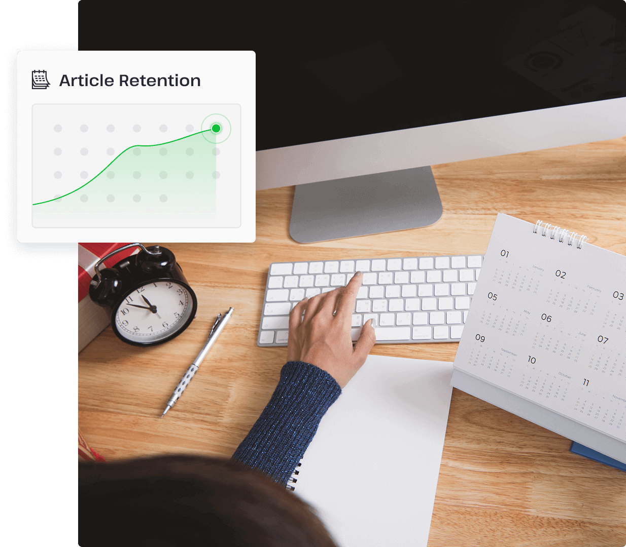 A desk showing a calendar, a clock, and a computer keyboard, symbolizing the length of article retention available by the Usenet provider UsenetServer.