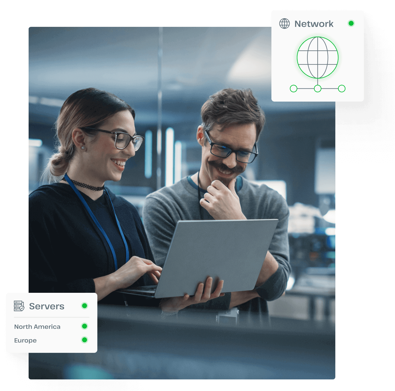 Two people are working on a laptop together, illustrating UsenetServer’s dedication to maintaining secure Usenet servers in North America and Europe.