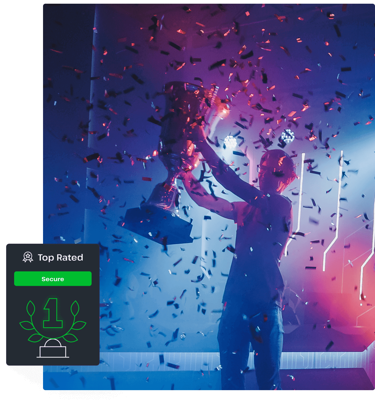 A person stands in a dark room with purple and blue lights, holding up a trophy, to illustrate that UsenetServer offers high-quality tier 1 Usenet access.