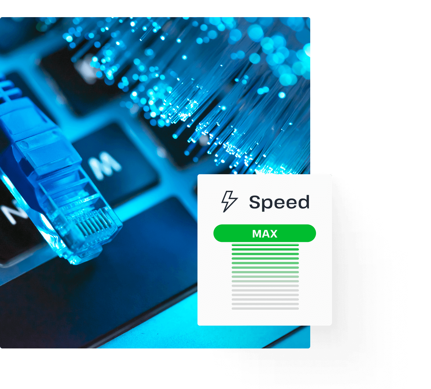 A close-up image of an ethernet cable on a keyboard, representing the fast Usenet speeds available with UsenetServer.