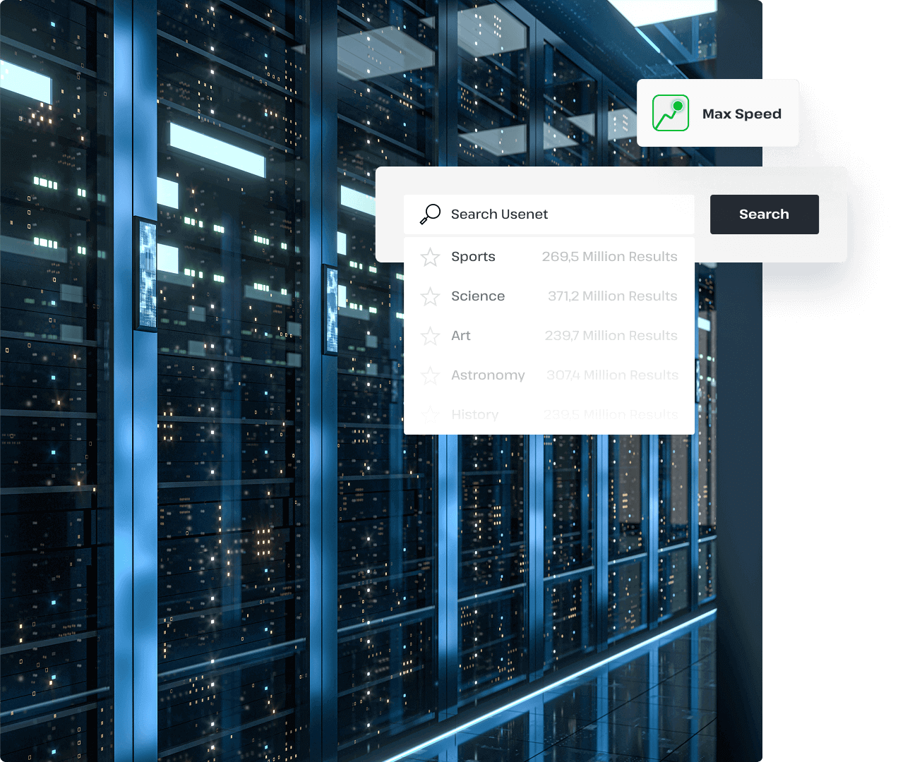 A Usenet server room appears behind a pop-up that shows a user searching these Usenet servers for articles, showing that UsenetServer offers access to powerful Usenet servers.