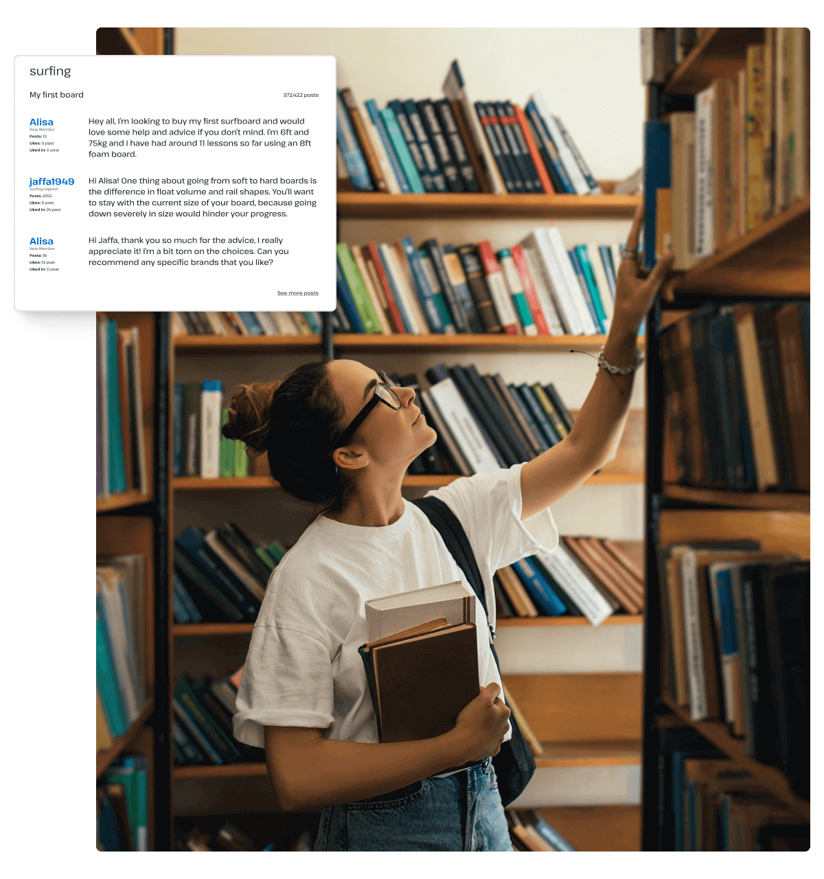 A young woman in a library is searching through books in the same way that a Usenet user would be searching through Usenet newsgroups with a Usenet newsreader.