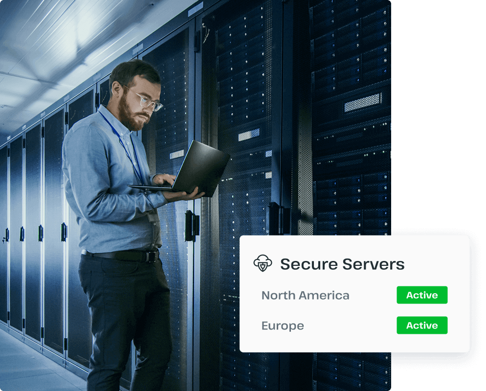 A man works in a Usenet server room, ensuring that UsenetServer users have access to premium servers in North America and Europe.