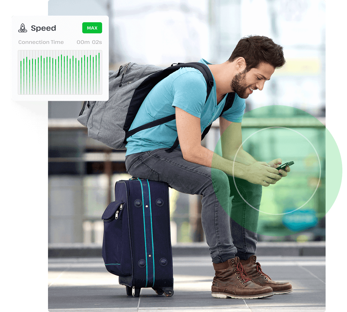 A man sits on a piece of luggage and connects to UsenetServer’s premium VPN while on the go.