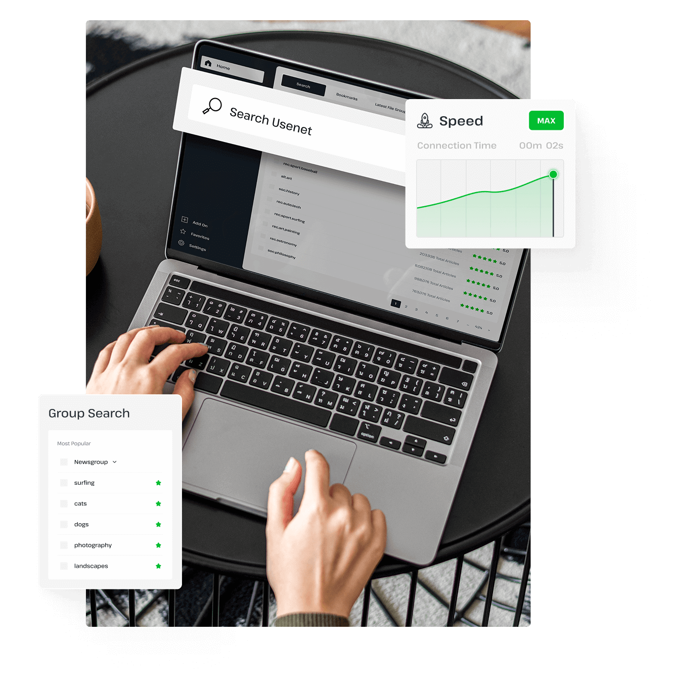A person is working on a laptop outside at a cafe, searching Usenet with UsenetServer with pop-ups beside it that illustrate fast Usenet speeds and access to advanced Usenet search settings.