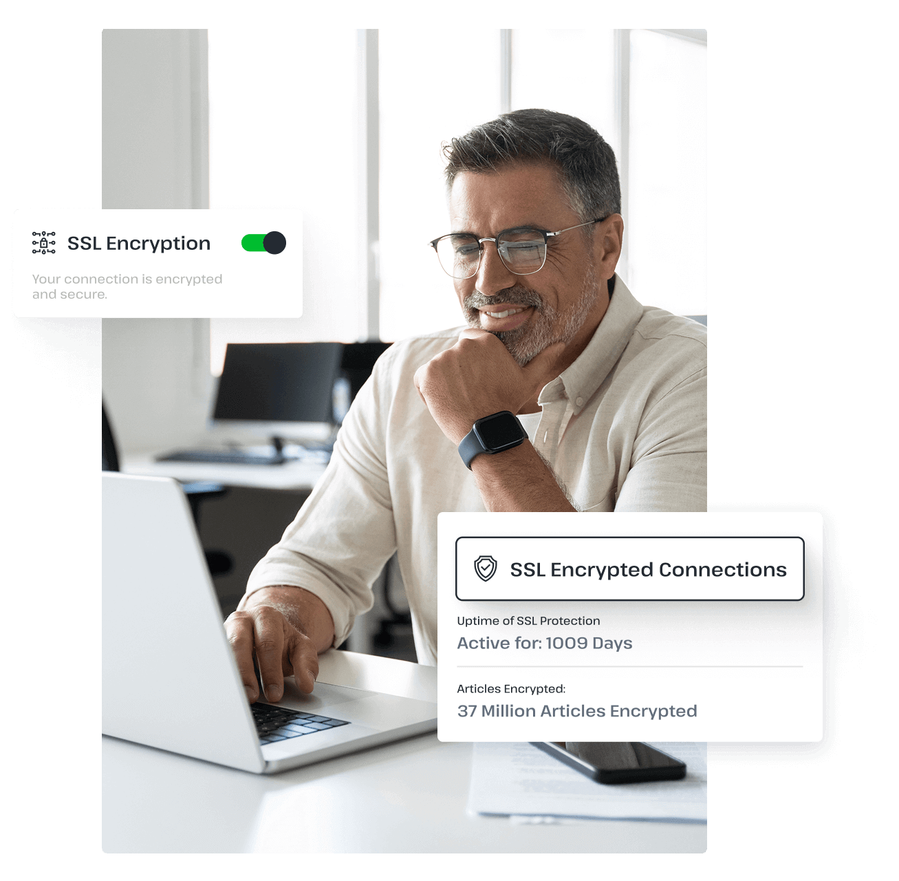 A smiling man uses a laptop at an office to browse Usenet with Usenet server next to pop-ups that show that he has an encrypted connection.