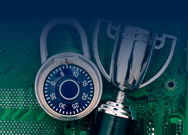 A woman stands in a Usenet server room with a laptop that bears the UsenetServer logo, showing the security and reliability of UsenetServer’s premium Usenet servers.