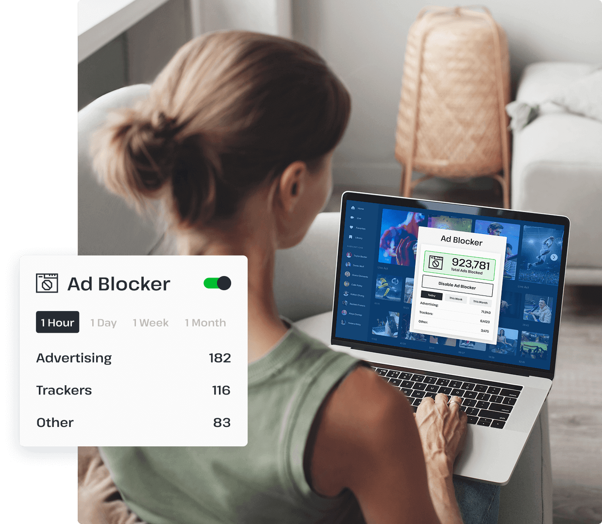 A woman uses a laptop in her living room, browsing the Internet while the UsenetServer VPN blocks ads on her device.