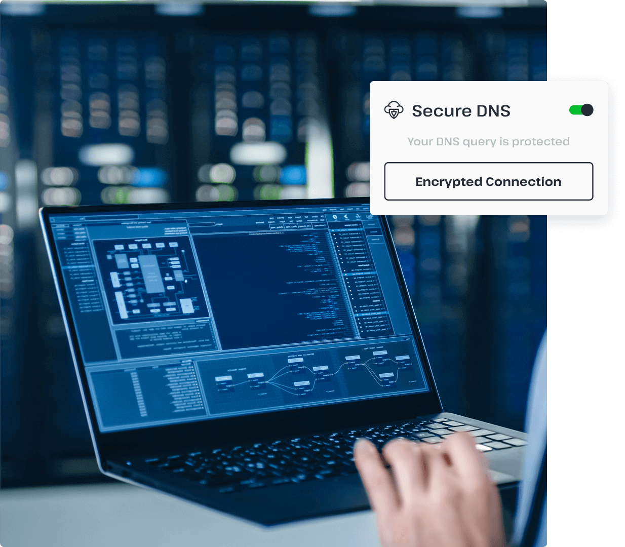 Someone working in a server room is accessing important information on a laptop, illustrating that UsenetServer offers access to premium Usenet servers and secure DNS functionality.
