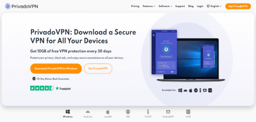 The PrivadoVPN homepage.