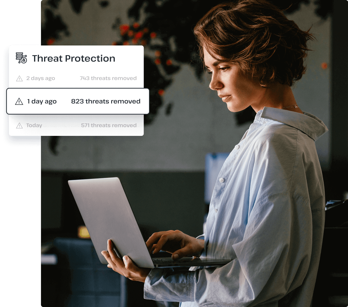 A woman stands with a laptop next to a pop-up image that shows UsenetServer’s threat protection setting, which has secured her device against threats.