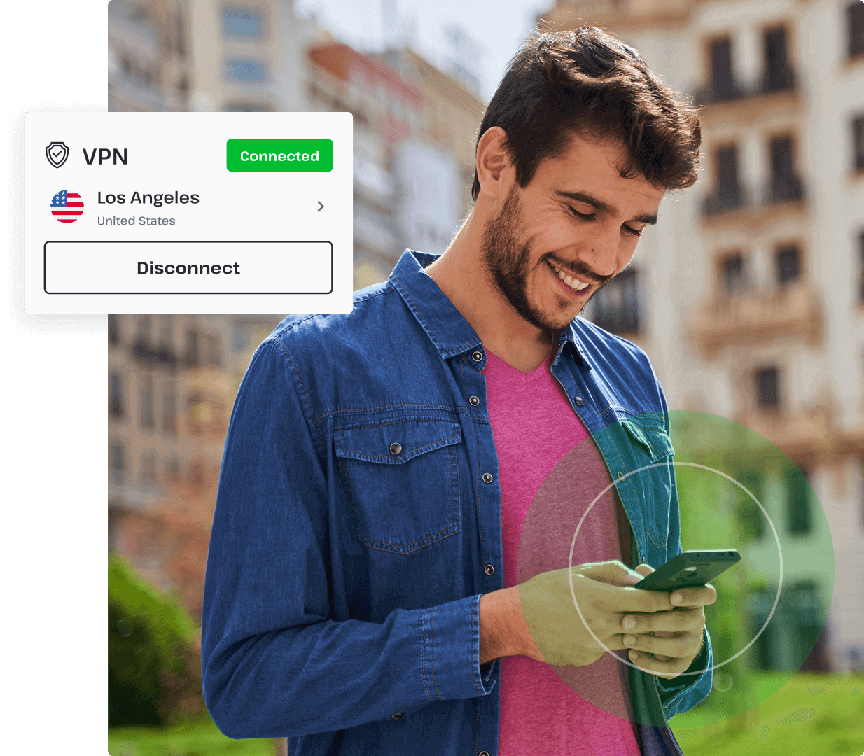 A man stands outside using the UsenetServer VPN on his phone, with a green circle around his phone to show that he is completely protected.