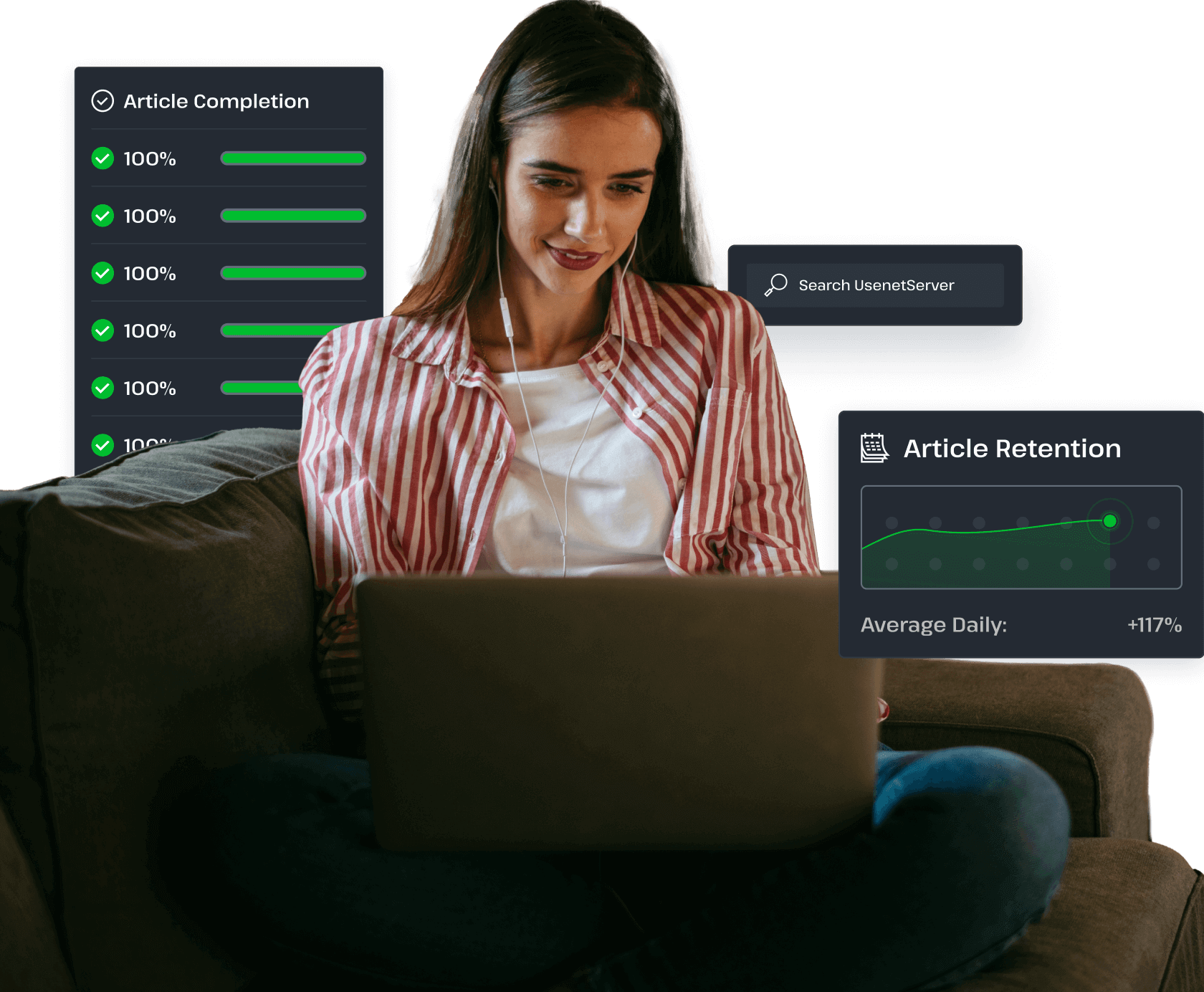 A woman sits on a couch wearing earbuds while searching Usenet, symbolizing how easy it is to browse Usenet and find the most complete articles with UsenetServer.