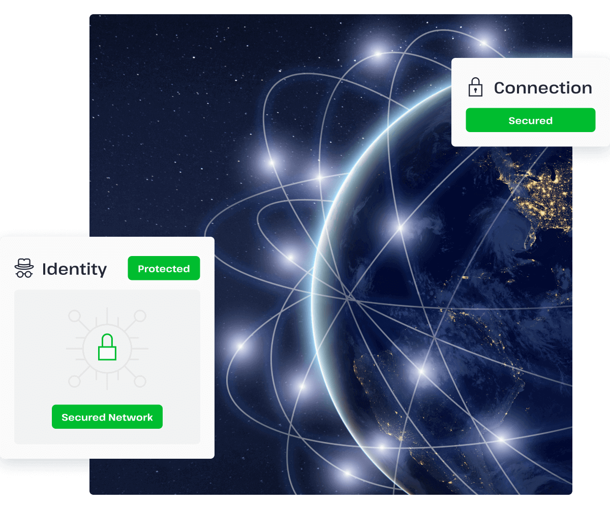 A globe with connection lines and shields shows the power of UsenetServer’s VPN.