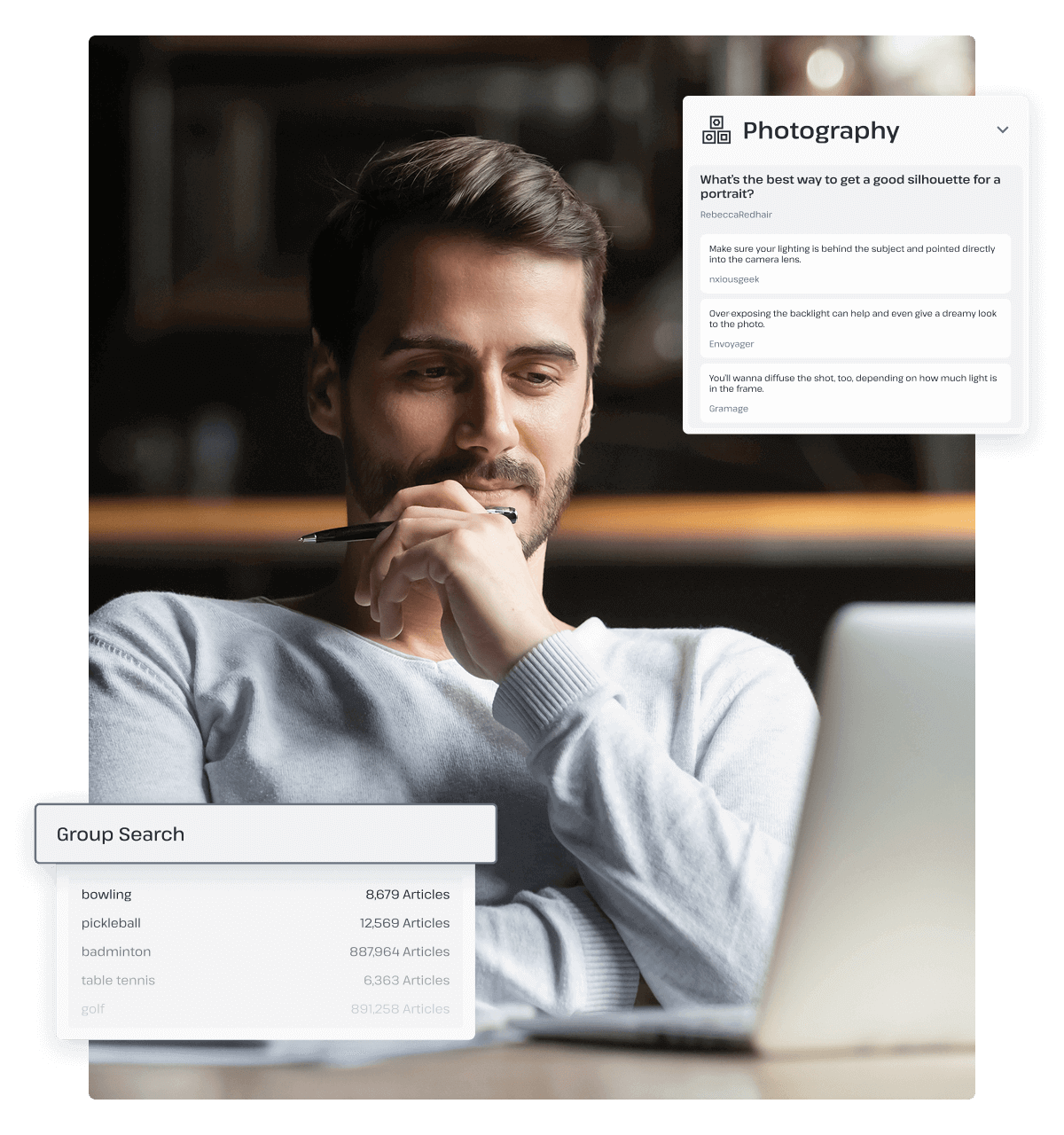 A man sits in front of an open laptop, and beside him are two pop-ups for Usenet search and a Usenet discussion where different members are discussing photography.