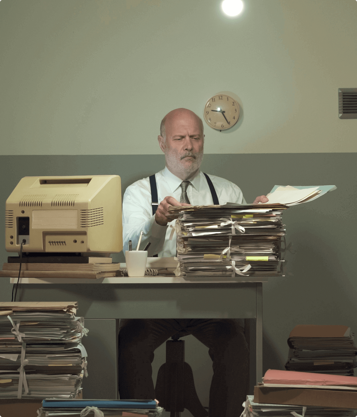 A man sits in an office looking over documents beside a computer from the 1980s, showing the early history of Usenet.